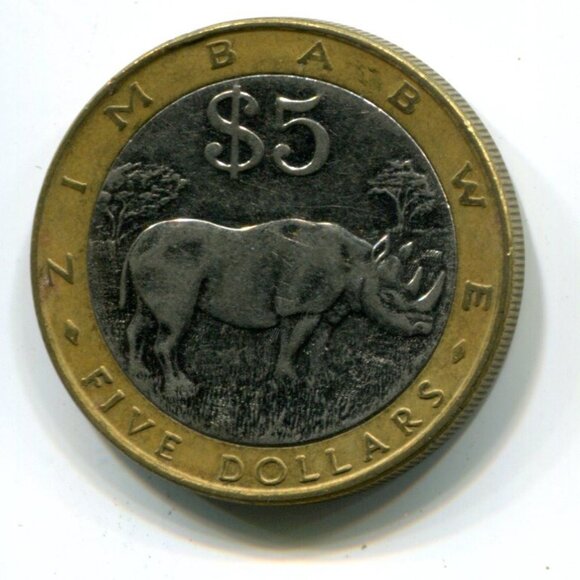 2001 Zimbabwe Bimetallic Rhino $5 Coin (b489-4) - Picture 2 of 2